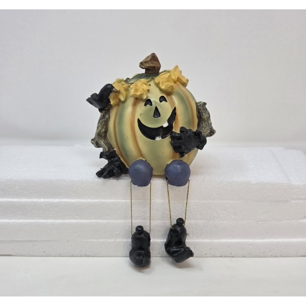 Vintage Halloween Jack O Lantern Pumpkin Resin Shelf Sitter Crow Cat Figurine